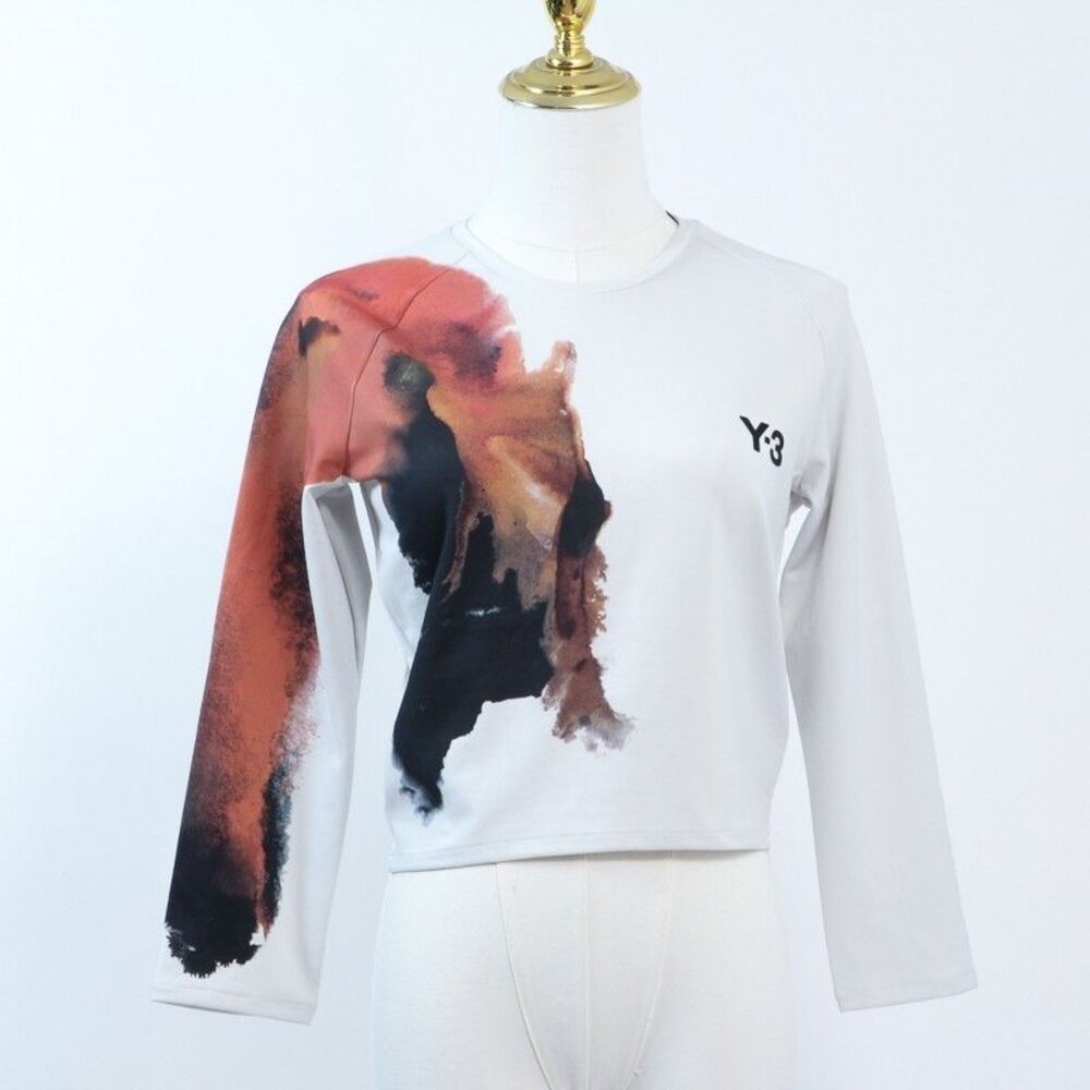 NWT Y-3 Yohji Yamamoto Gray Watercolor Abstract Climacool Cropped L/S Tee M